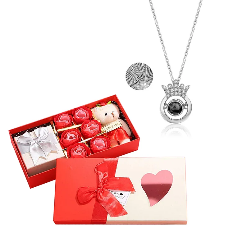 100 idiomas "Te amo" caja rosa collar creativo con oso de peluche