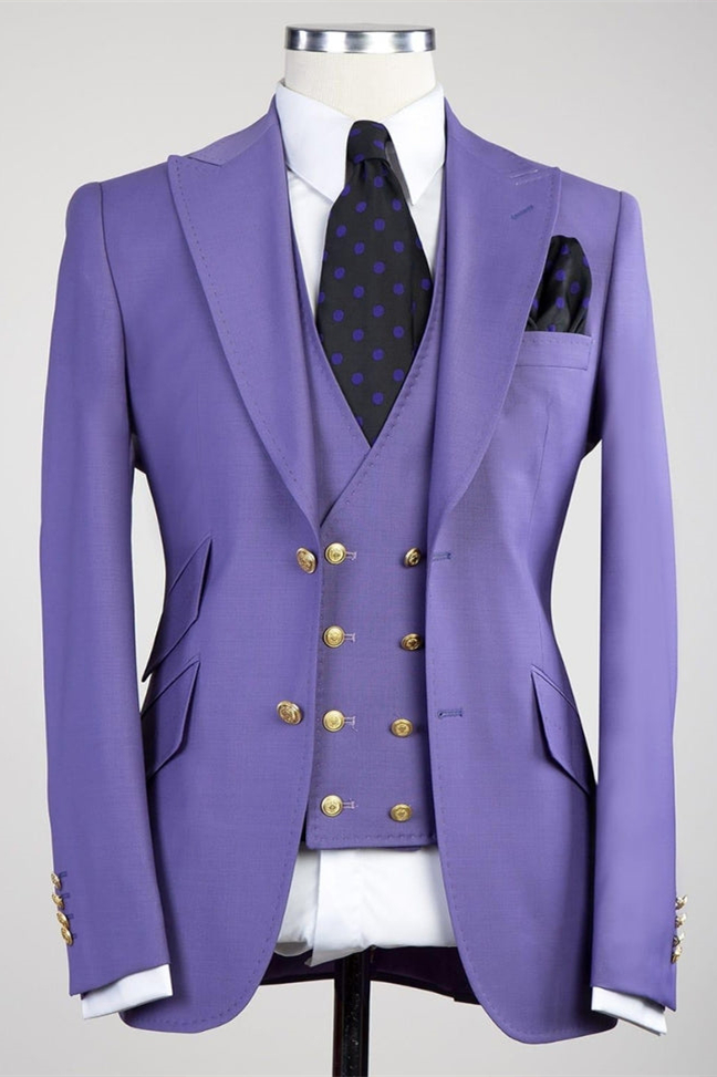 Bellasprom Purple Peaked Lapel Three Pieces Best Fitted Men Suits Bellasprom