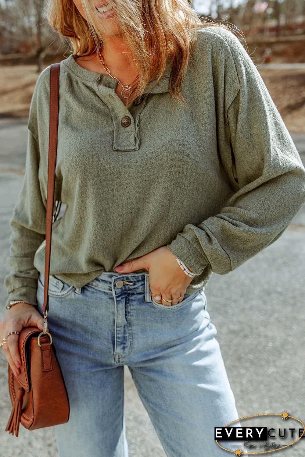 Green Button Split Neck Retro Patchwork Long Sleeve Top