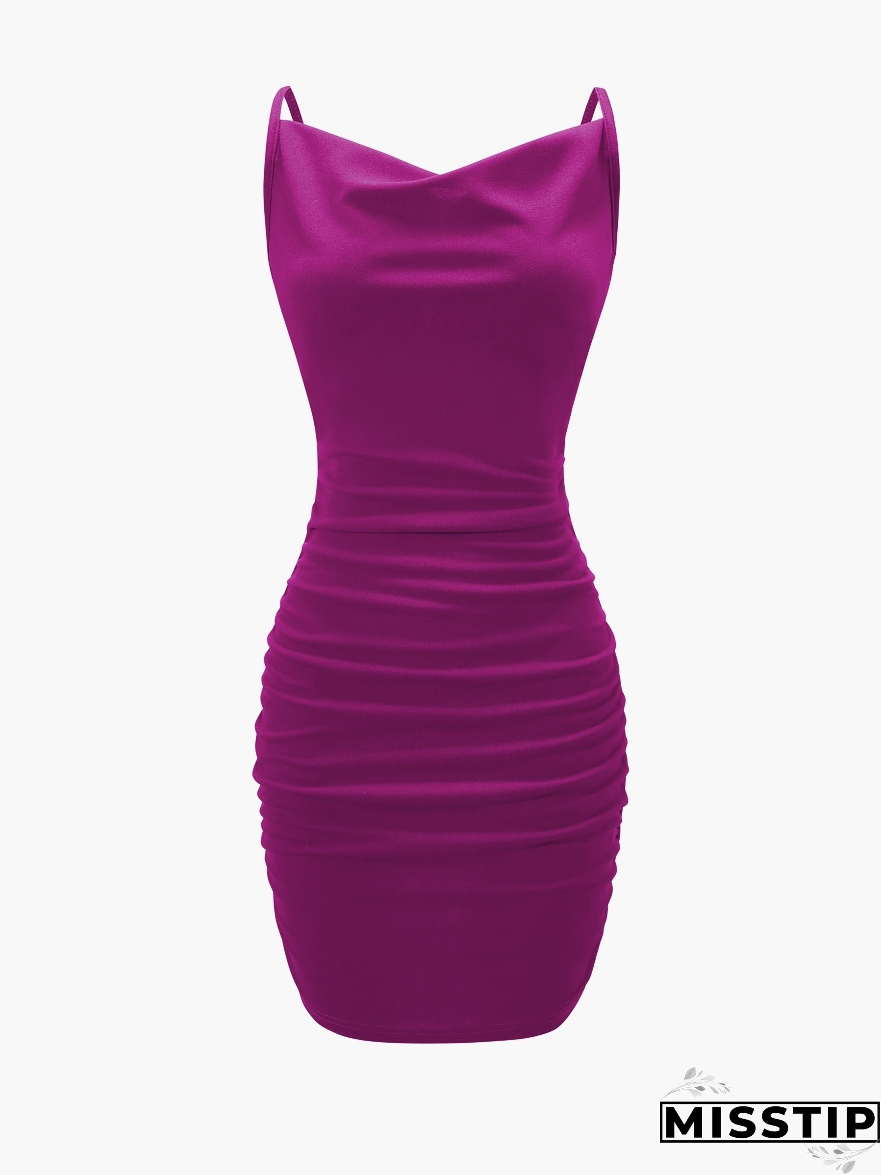 Solid Cowl Neck Mini Dress, Ruched Side Body Con Cami Dress , Women's Clothings