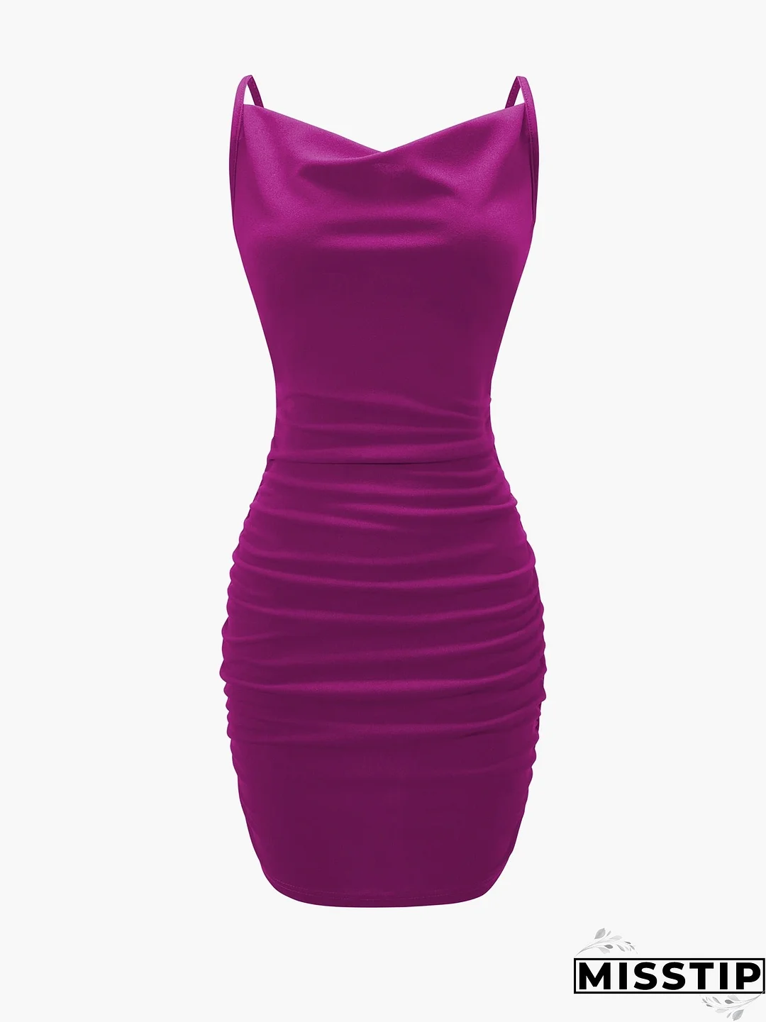 Solid Cowl Neck Mini Dress, Ruched Side Body Con Cami Dress , Women's Clothings