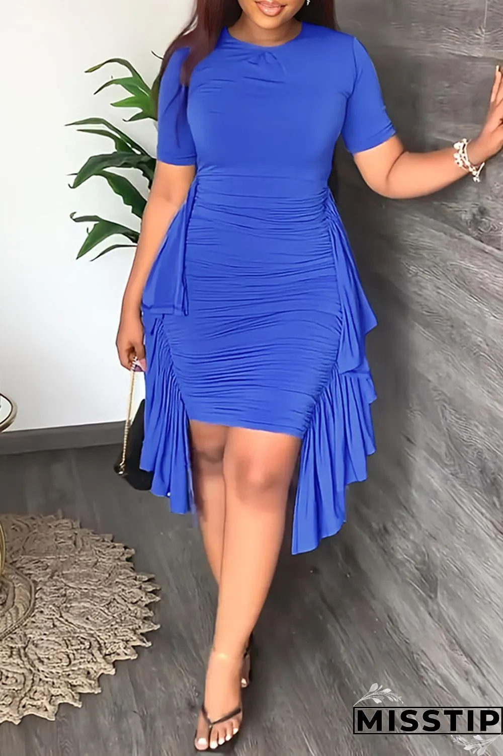 Purple Fashion Casual Solid Patchwork Fold O Neck Short Sleeve Dress