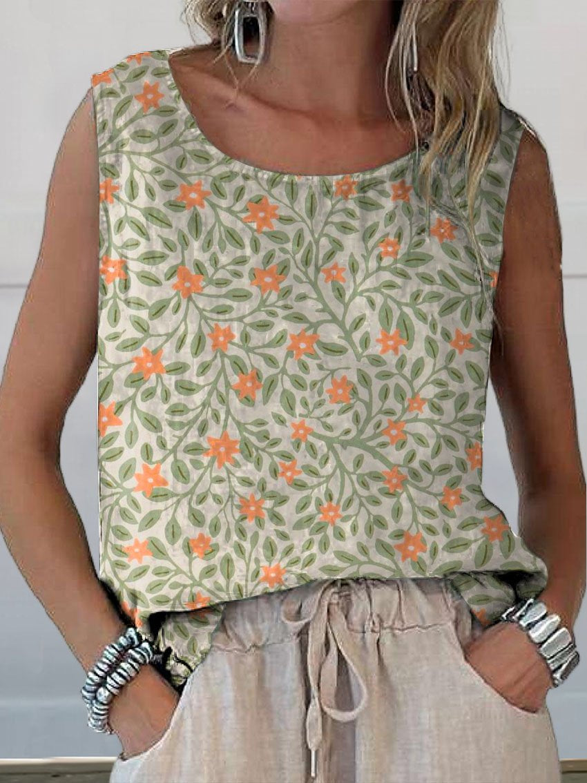 Women's Vintage Elegant Floral Art Print Casual  Cotton And Linen Tank Top