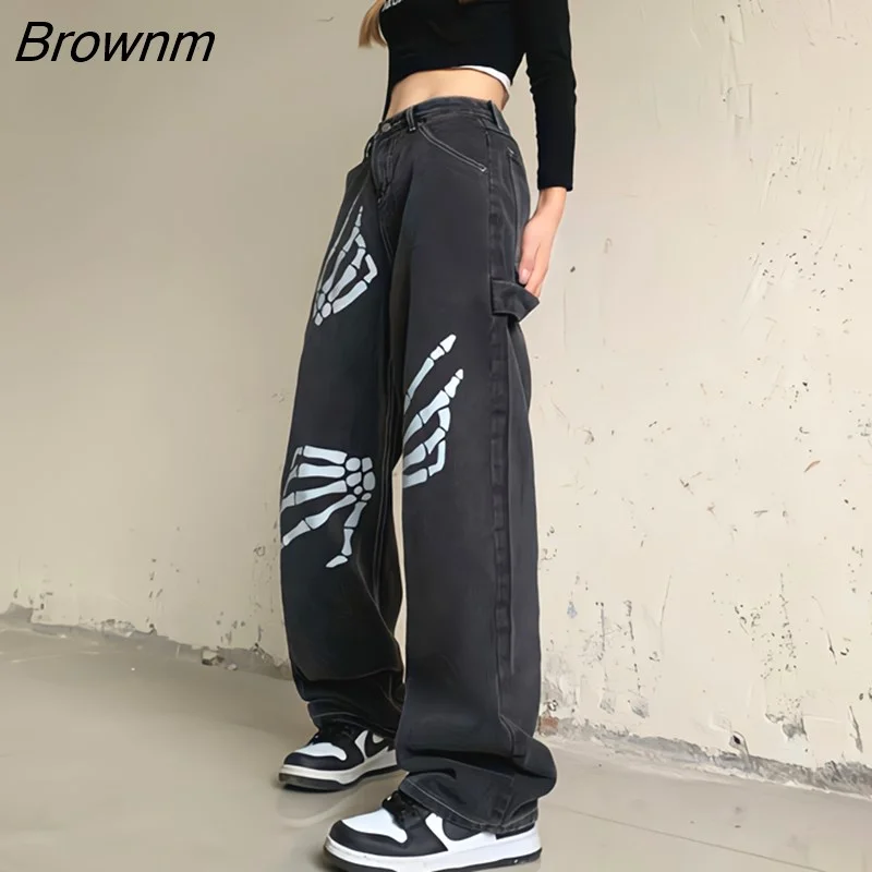 Brownm Pants Vintage High Waisted Y2k Jeans Women Female Black Denim Printed Trousers Baggy Casual Wide Leg Pants Street Style