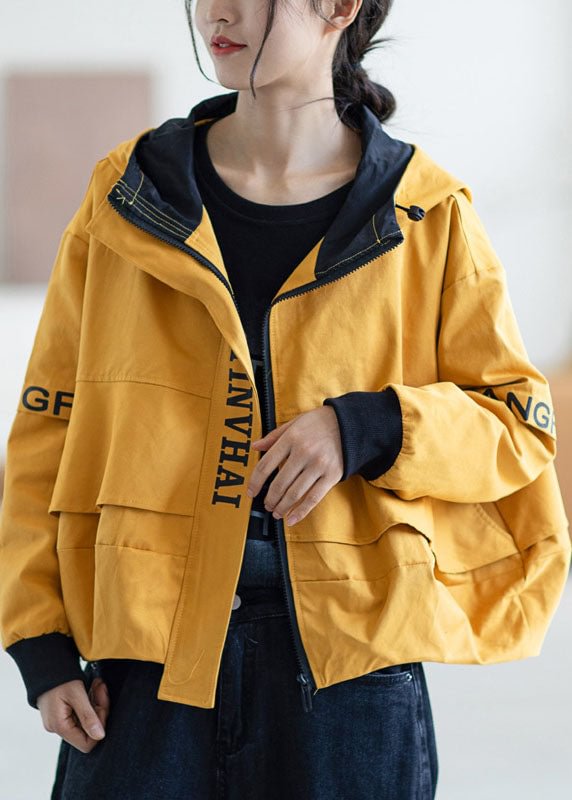 Loose Yellow zippered fashion Fall Hoodie Coat CK2437- Fabulory
