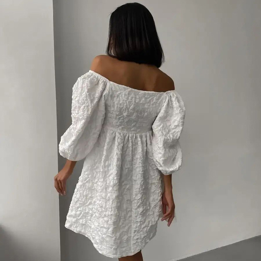 Ootddress Jacquard V-neck Dress For Women Bubble Sleeve Niche Design Solid Color Loose Fashion Ladies Short Dress 2025 Summer New