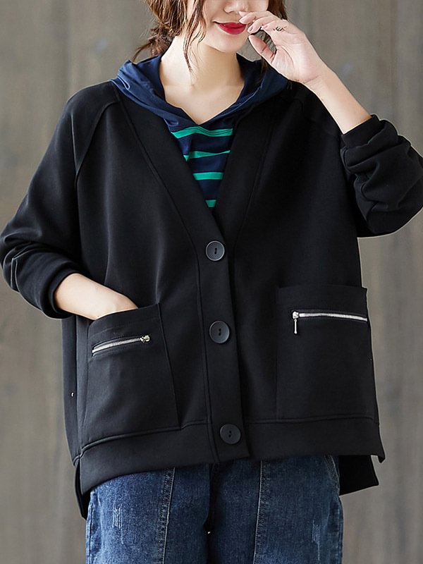 Casual V-Neck Zipper With Pocket Outerwear