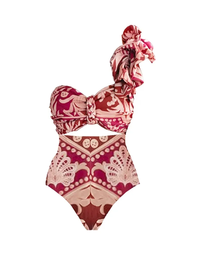 One Shoulder Ruffle Printed One Piece Swimsuit and Pant