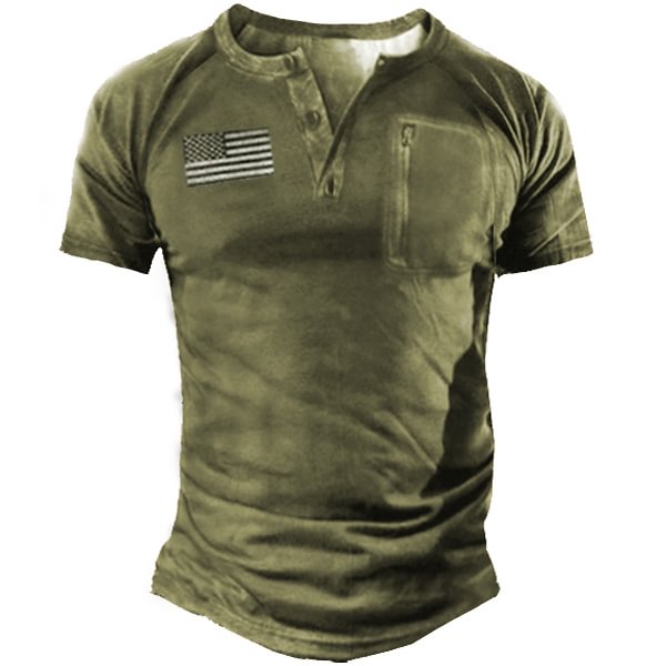American Flag Men's Outdoor Retro Tactical Henley Short Sleeve T-Shirt-Compassnice®