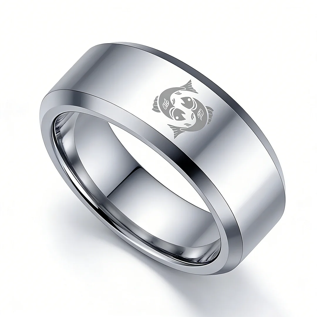Sliver Edges and Laser Etched Wedding Bands Comfort Fit Mens Womens Sliver Pisces Tungsten Carbide Rings 4MM 6MM 8MM Width