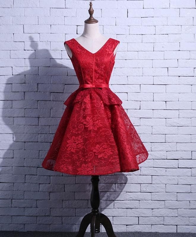 Red V Neck Lace Short Prom Dress, Homecoming Dress