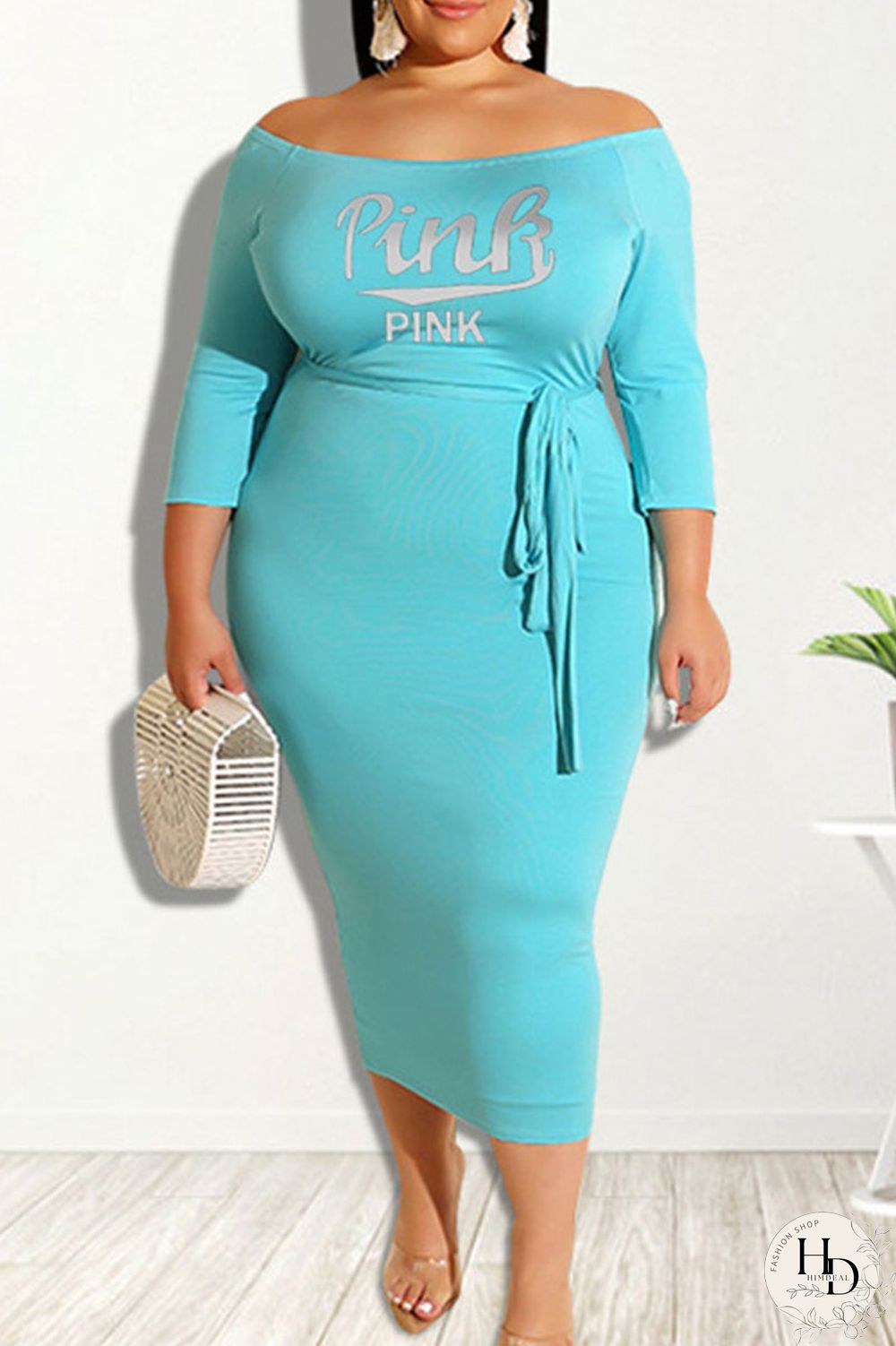 Orange Casual Print Patchwork Off the Shoulder One Step Skirt Plus Size Dresses