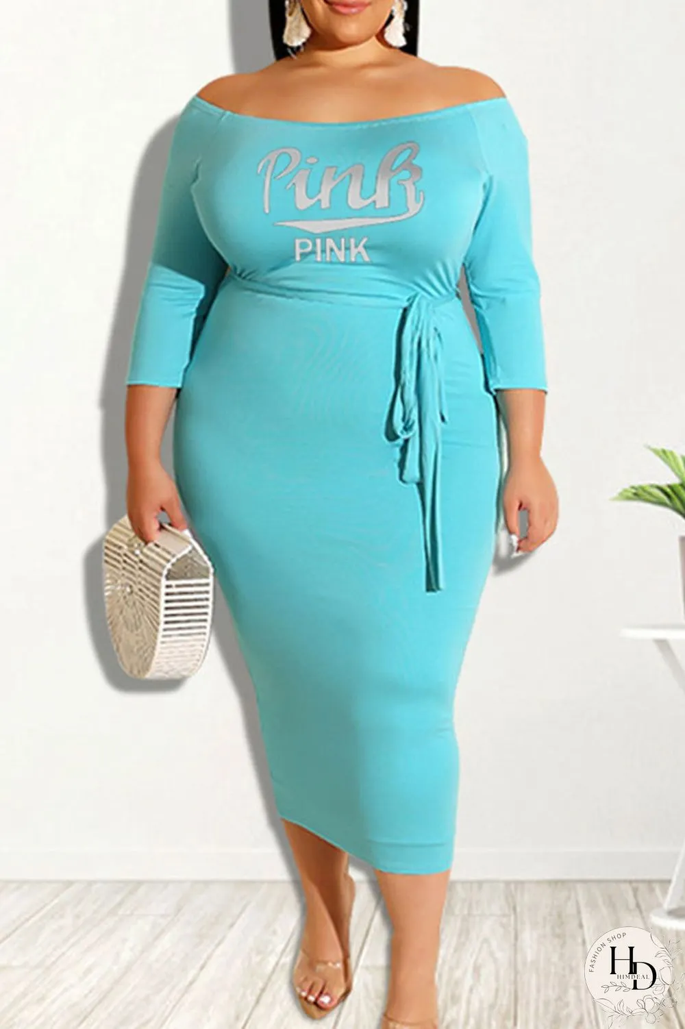Orange Casual Print Patchwork Off the Shoulder One Step Skirt Plus Size Dresses