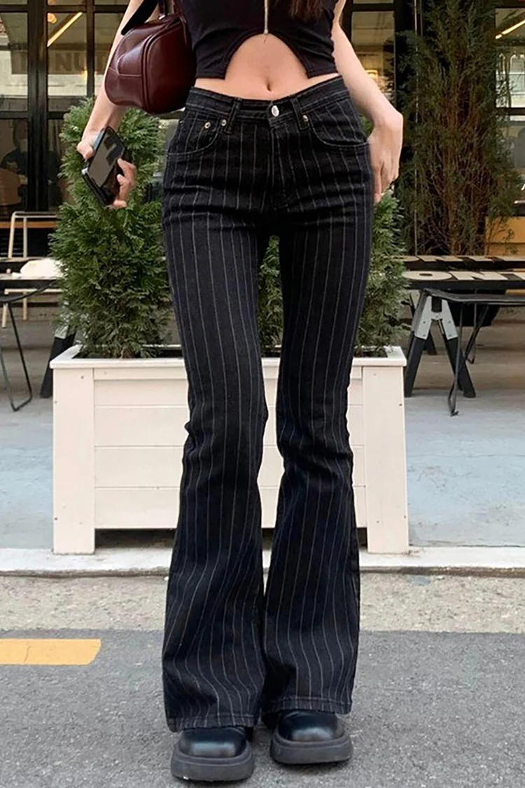 Denim Striped Print Casual Bootcut Jeans-Black