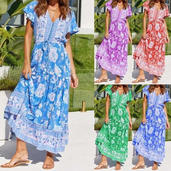 Women's Fashion Casual Flower Print Dresses Spring Summer Dresses Short Sleeve Dress Long Dress Plus Size Dress