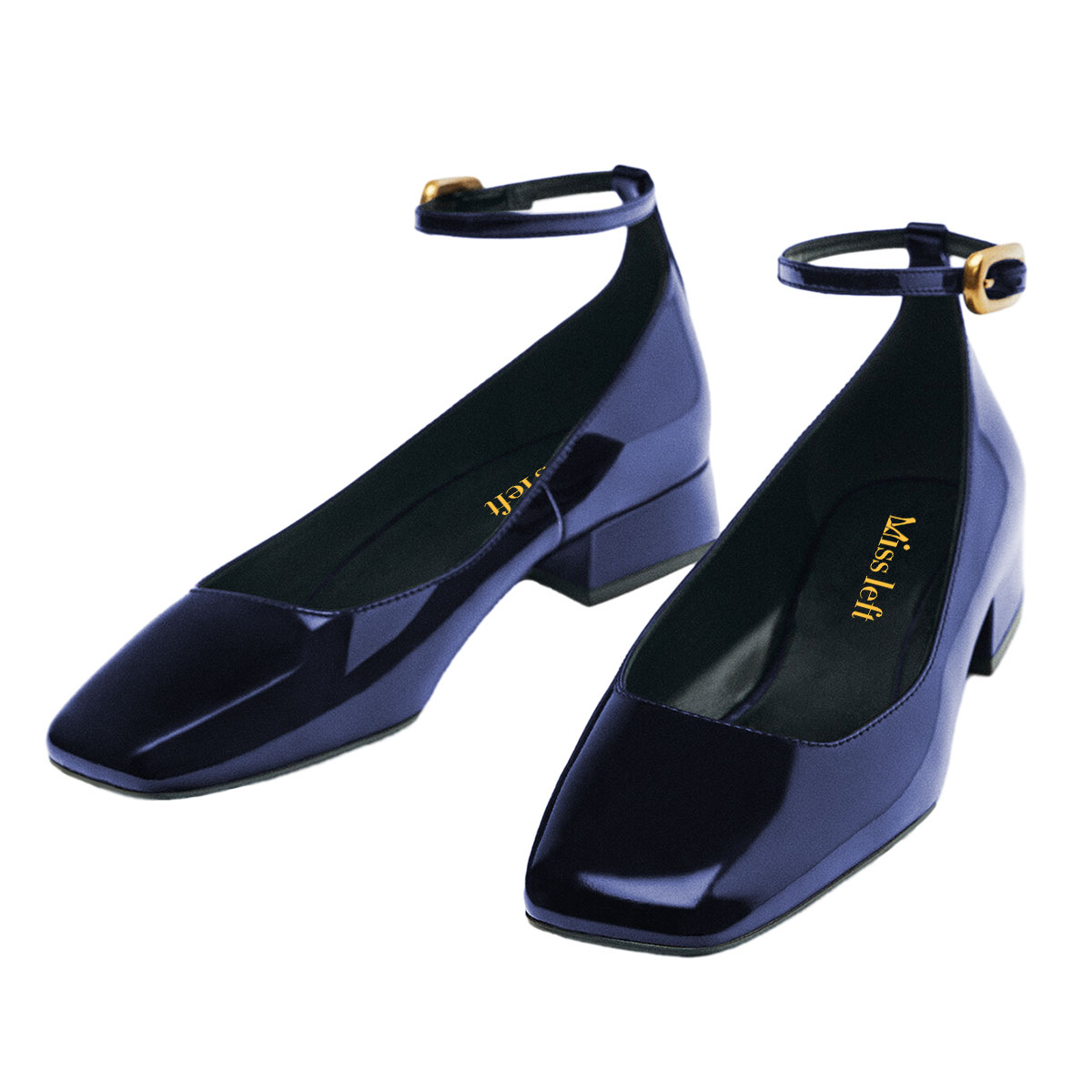Navy Mirror Leather Finish Square Toe Low Heel Pumps with Buckle Strap Nicepairs