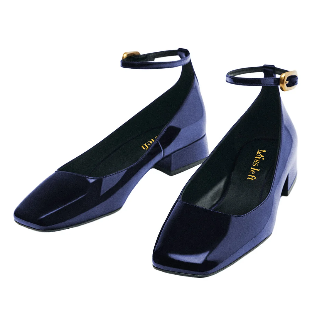 Navy Mirror Leather Finish Square Toe Low Heel Pumps with Buckle Strap Nicepairs