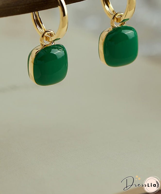 Unique Green Copper Overgild 18K Gem Stone Square Drop Earrings