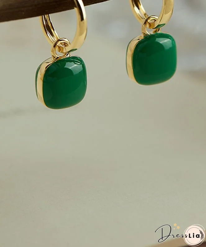 Unique Green Copper Overgild 18K Gem Stone Square Drop Earrings