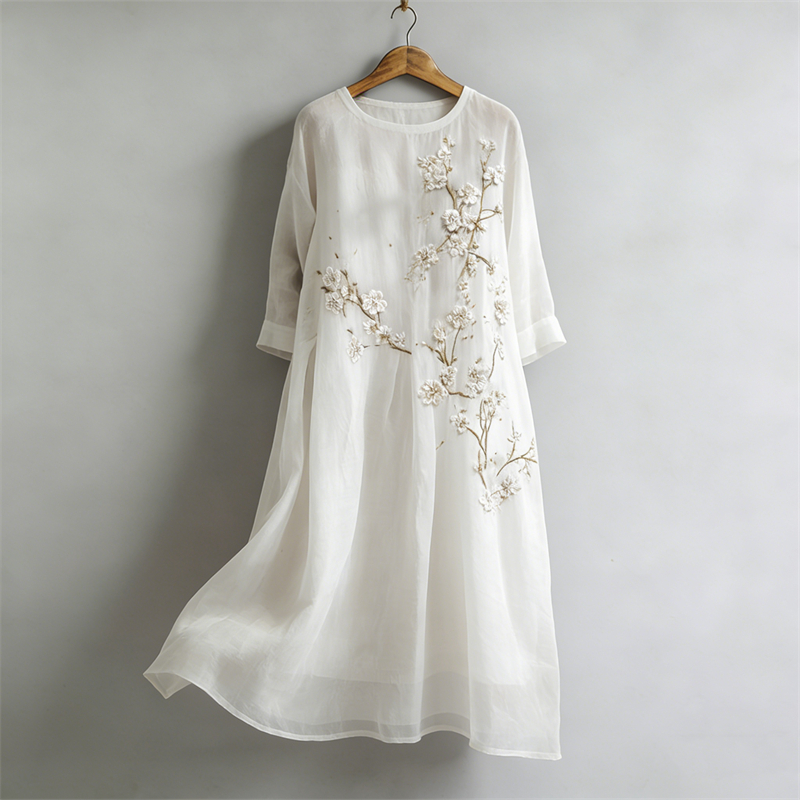 Classy White Almond Blossom Flowy Linen Maxi Dress wearshes