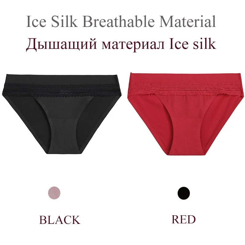 FINETOO 2PCS/Set Woman Lace Sexy Panties Ice Silk Women Underwear Seamless Low-Rise Lingerie Female Breathable Girls Panty 2021