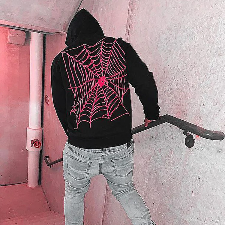 Punk Hip Hop Spider Web Graphic Print Oversized Men's Hoodie at Hiphopee