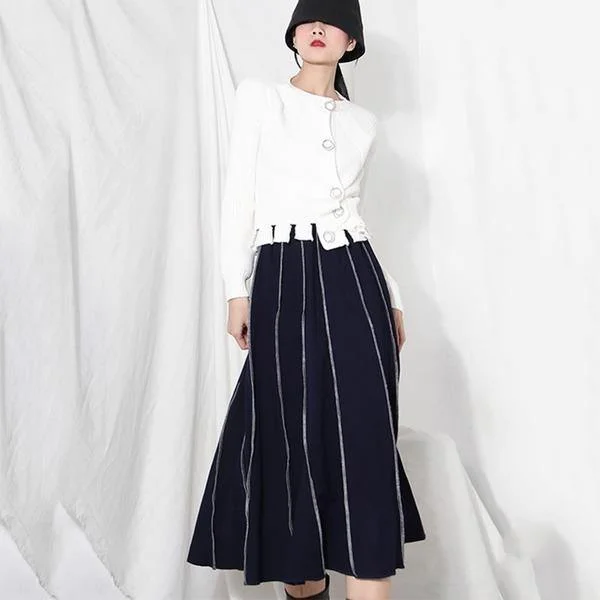 Temperament High Waist Pleated Splicing Topstitched Skirt  