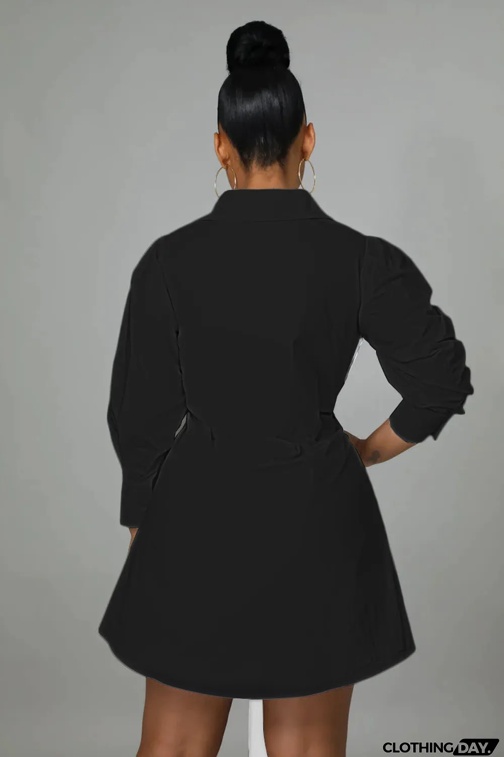 Contrast Colot Bow-Tie Long Sleeve Shirt Dress