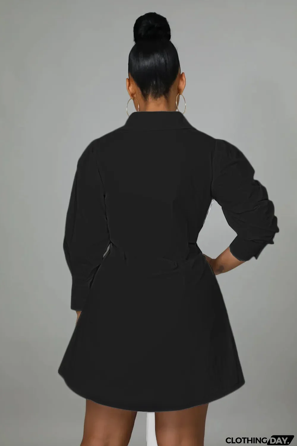 Contrast Colot Bow-Tie Long Sleeve Shirt Dress