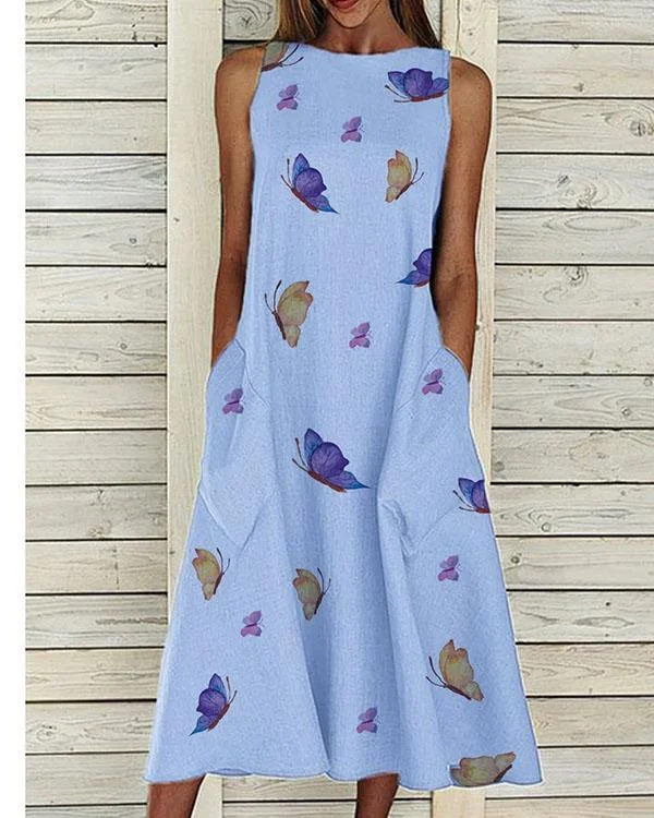 butterfly printed big pocket casual maxi dress p213878