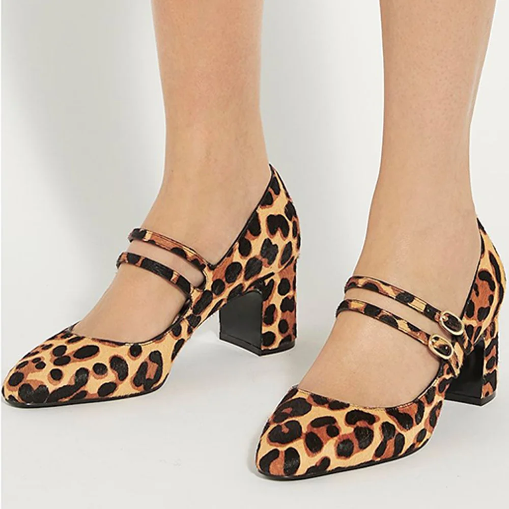 Beige Cheetah Pattern Closed Toe Block Heel Buckle Mary Jane Pumps