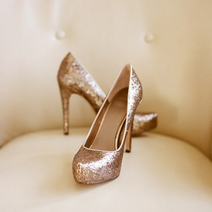 Women's Golden Glitter Platform Stiletto Heel Pumps Bridal Heels |FSJ Shoes