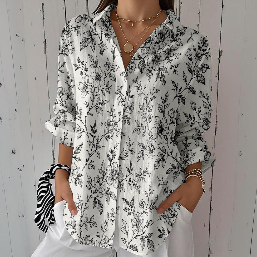 Women Long Sleeve V-neck Graphic Floral Printed Top