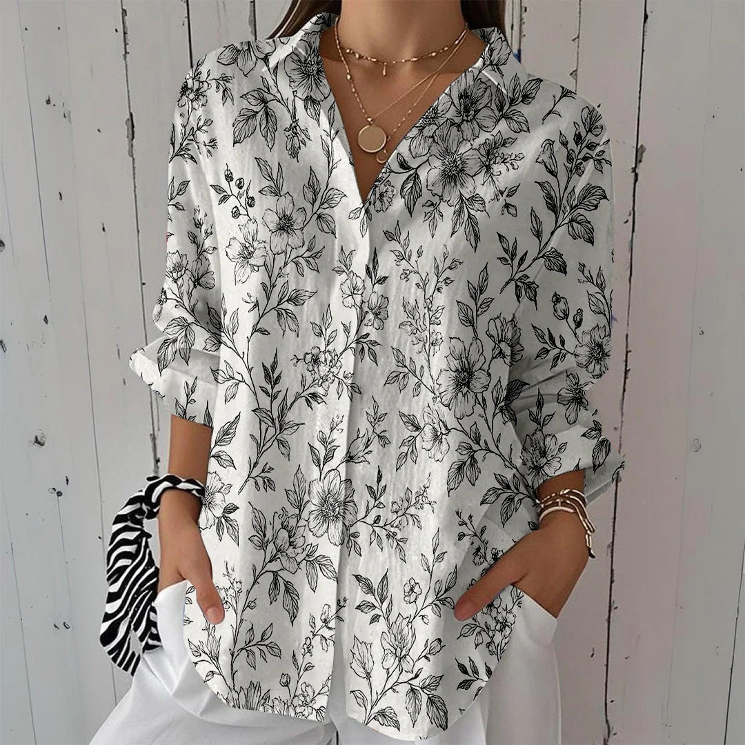 Style & Comfort for Mature Women Women Leaves,  Black,  Beige DZCL0437 3/4 Sleeve Shirt Collar Printed Button Tops