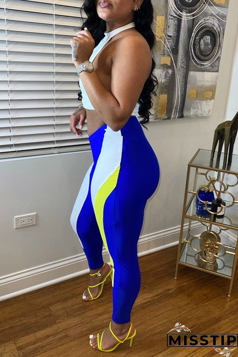 Blue White Fashion Sexy Patchwork Hollowed Out Backless O Neck Sleeveless Two Pieces