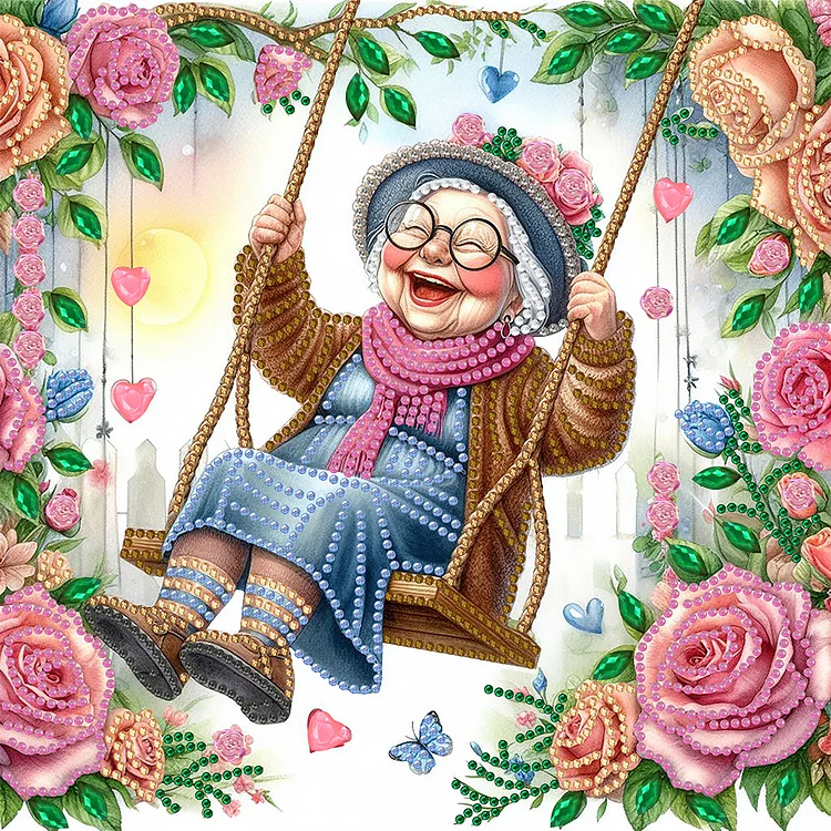 Partial Special-shaped Diamond Painting - Optimistic Old Lady On Swing 30*30CM