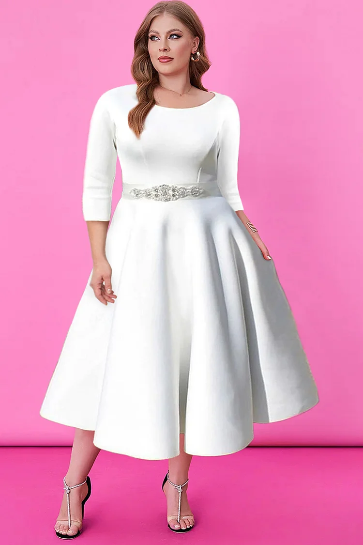 Xpluswear Design Plus Size White Formal Elegant Pleated A-Line Midi Dress (Without Belt) 