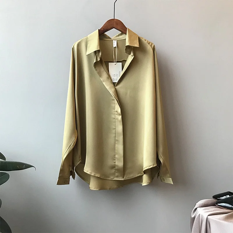 2021 Spring Women Fashion Long Sleeves Satin Blouse Vintage Femme V Neck Street Shirts Elegant Imitation Silk Blouse 5273 50