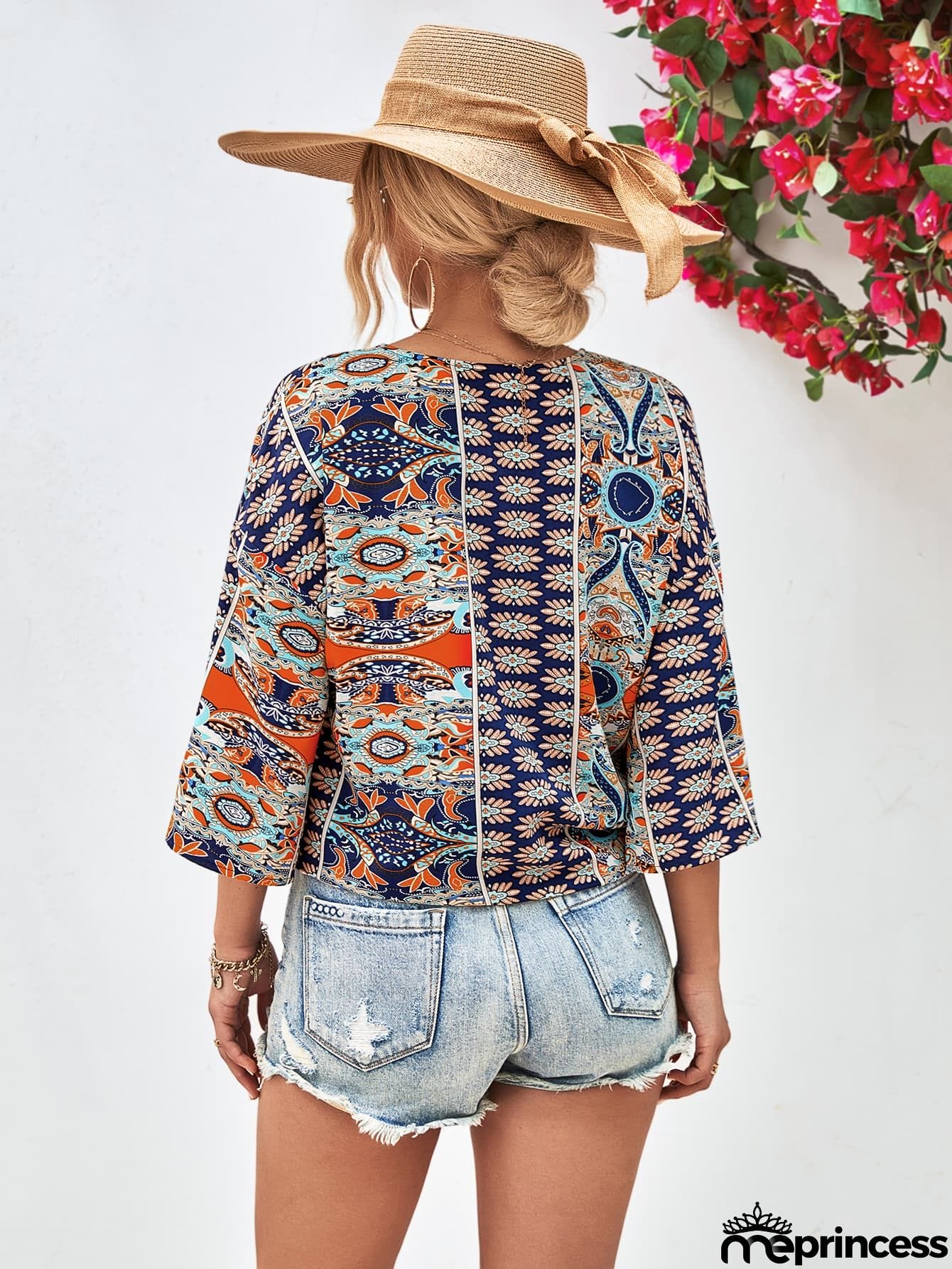 Tie Hem V-Neck Three-Quarter Sleeve Blouse