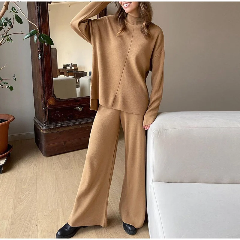 Athvotar Athvotar New Hot Pure Color Knitted Jacket High-Collar Sweater Set Loose Top + Pants Women