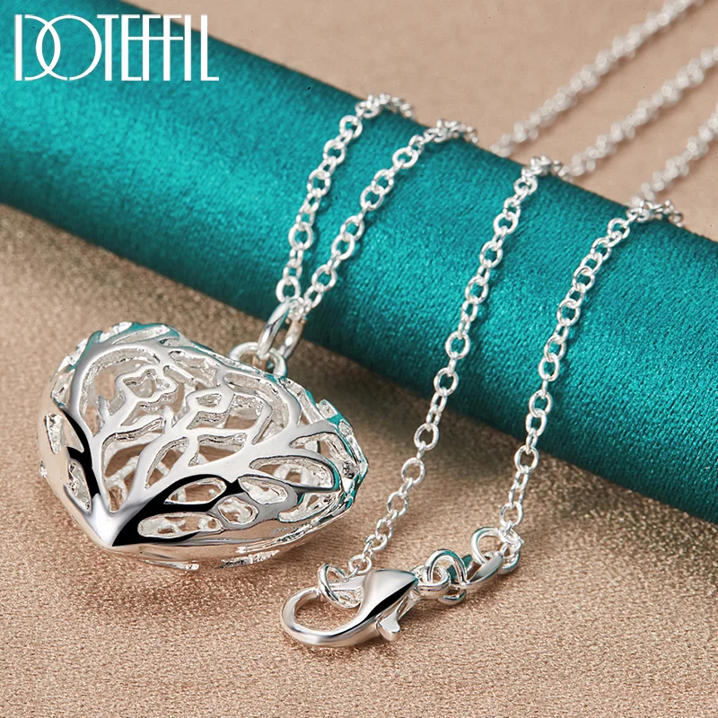 DOTEFFIL 925 Sterling Silver Hollow Love Heart Ball 16-30 Inch Chain Pendant Necklace For Women Jewelry