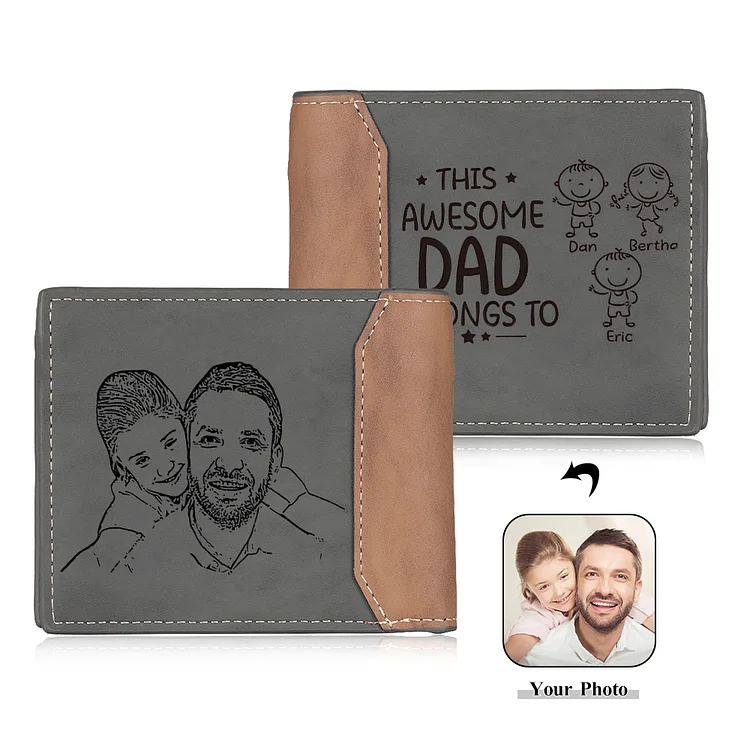 3 Names-Personalized Doll Customized Leather Men's Wallet Customized Name Folding Grey Wallet for Dad