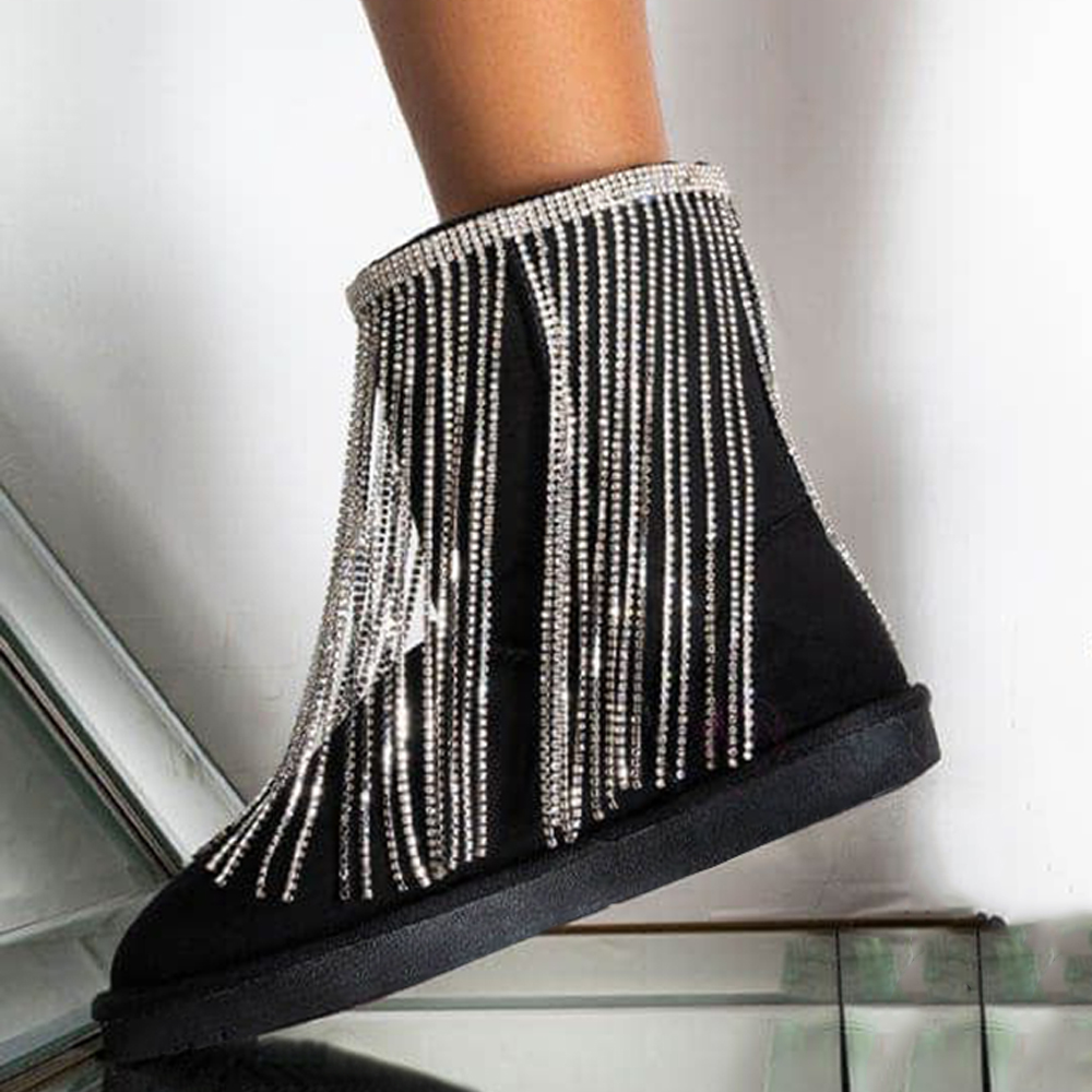 Black Round Toe Rhinestone Fringe Flat Winter Women's Snow Boots Nicepairs