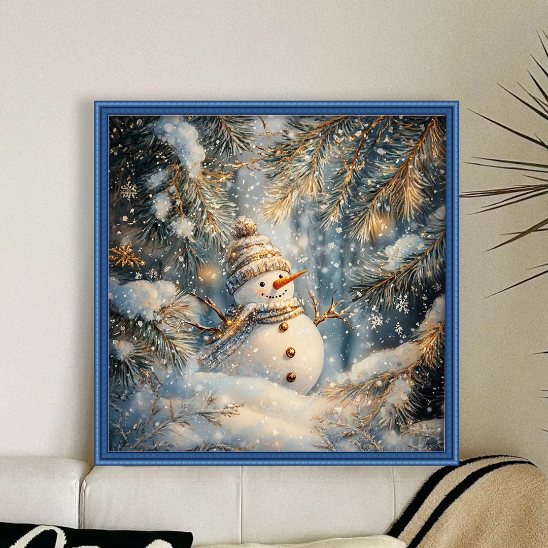 Xmas Gold Snowman Scenery Full 14CT 2 Strands DIY Counted Cross Stitch 40x40cm