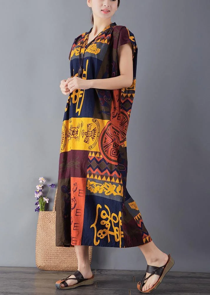 French print cotton quilting clothes v neck Maxi summer Dresses