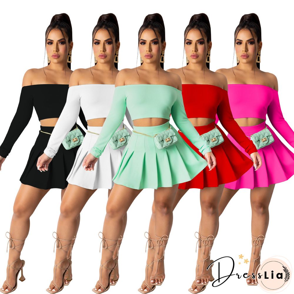 Sexy Off Shoulder Long Sleeve Crop Top Pleated Skirt 2 Piece Set
