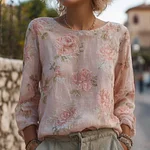 Elegant Boho Roses Pattern Round Neck Cozy Linen Tunic - Image 2