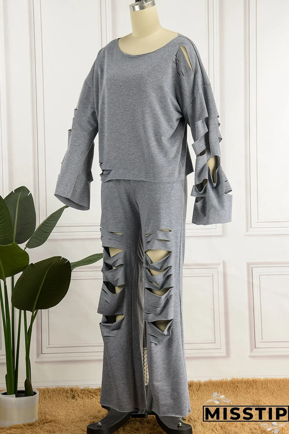 Yellow Casual Street Solid Ripped Hollowed Out Patchwork Oblique Collar Long Sleeve Two Pieces