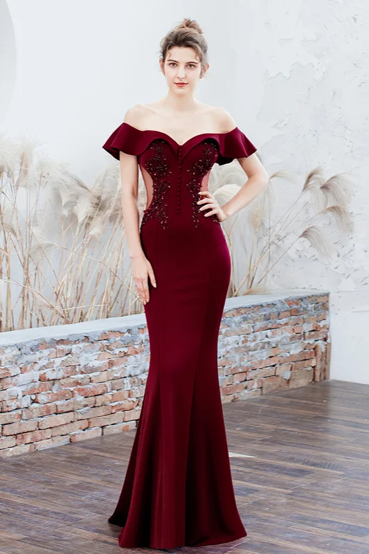 Off-the-Shoulder Appliques Mermaid Prom Dress Long Side Sheer Evening Gowns