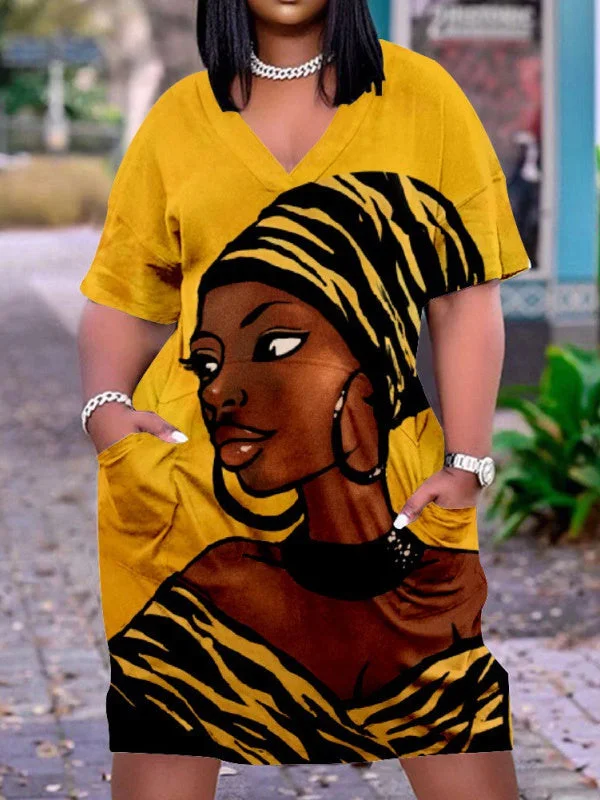 Women's Colorful Plus Size V-neck Mid-sleeve Dress